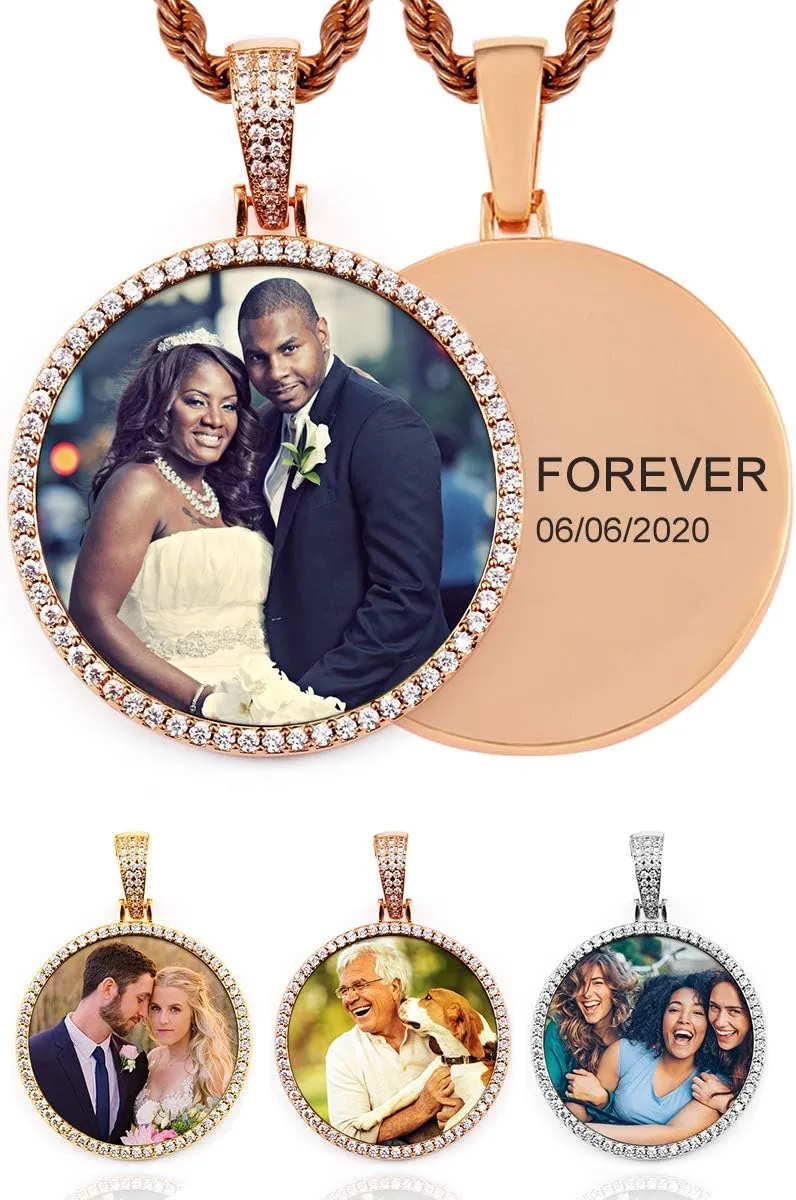 TUHE Hip Hop Custom Picture & Name Necklace Personalized 18K Gold Plated Iced Out Round Pendant Photo Necklace for Men Women Memory Charm Chain Necklace Customized with Text Engraving & Picture