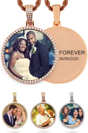 TUHE Hip Hop Custom Picture & Name Necklace Personalized 18K Gold Plated Iced Out Round Pendant Photo Necklace for Men Women Memory Charm Chain Necklace Customized with Text Engraving & Picture