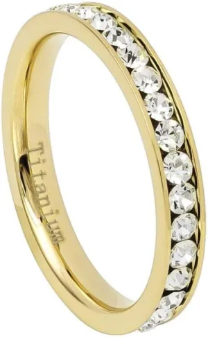 Tungsten Jeweler Engraving Ring for Men and Ring for Women Band Rings 3mm Yellow Gold IP Plated Titanium Eternity Ring with White CZs Wedding Band Ring Ideal Rings for couples/Ring For Engagement