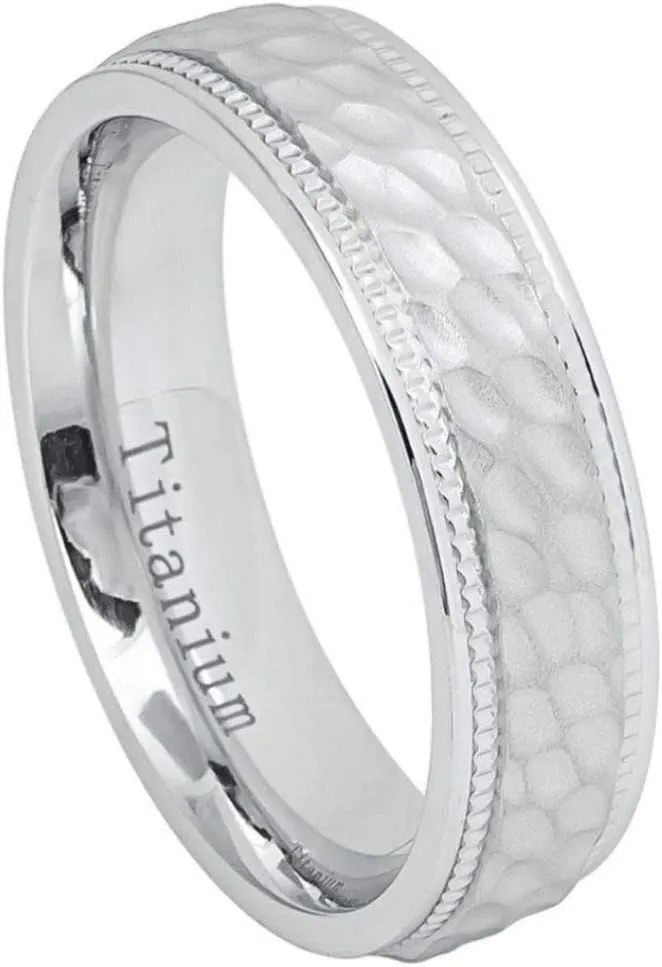 Tungsten Jeweler Engraving Ring for Men and Women Titanium Band Rings 6mm White IP Plated Brushed Dimpled Center Milgrained Edges Wedding Band Ring Ideal for Couples