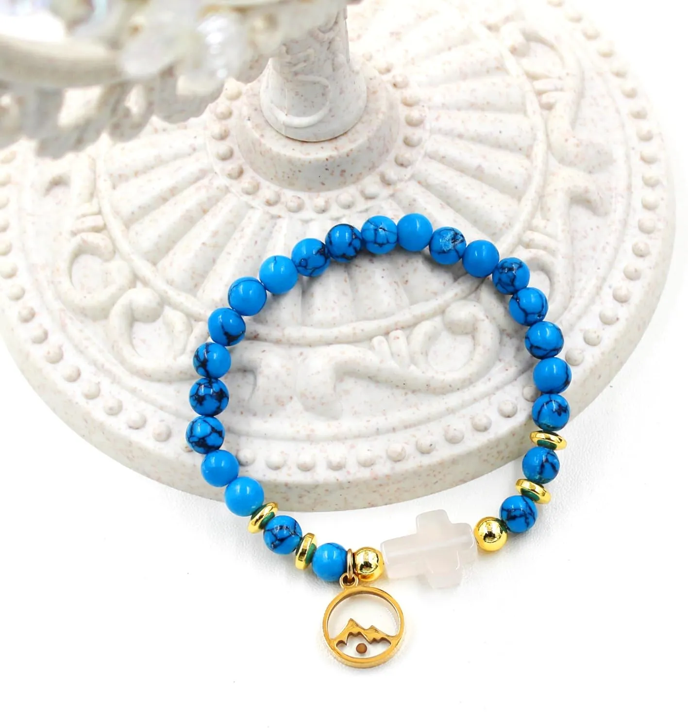 Turquoise Bead Bracelet, Mustard Seed Pendant Bead Bracelet, Cross Accessory Bead Bracelet, Tiger Eye Stone Bracelet, Christian Bead Bracelet, Men's and Women's Religious Jewelry Gifts