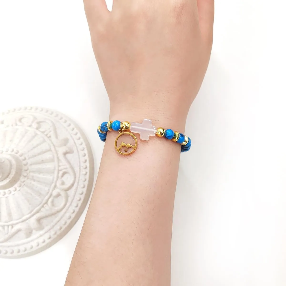 Turquoise Bead Bracelet, Mustard Seed Pendant Bead Bracelet, Cross Accessory Bead Bracelet, Tiger Eye Stone Bracelet, Christian Bead Bracelet, Men's and Women's Religious Jewelry Gifts