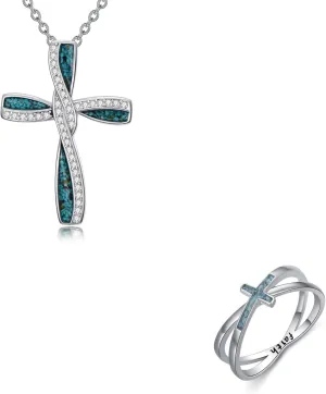 Turquoise Cross Necklace Rings for Women 925 Sterling Silver Cross Religious Christian Jewelry Faith Mothers Day Easter Gifts for Mom Wife