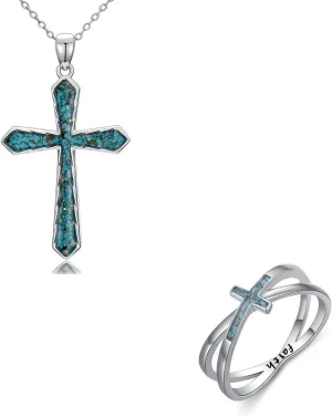 Turquoise Cross Necklace Rings for Women 925 Sterling Silver Cross Religious Christian Jewelry Faith Mothers Day Easter Gifts for Mom Wife