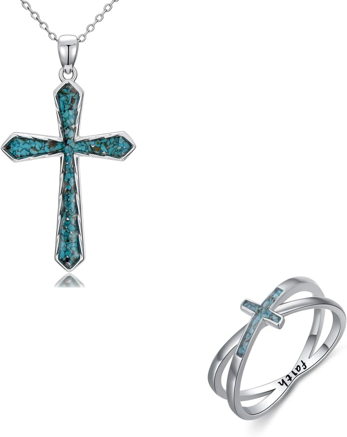 Turquoise Cross Necklace Rings for Women 925 Sterling Silver Cross Religious Christian Jewelry Faith Mothers Day Easter Gifts for Mom Wife