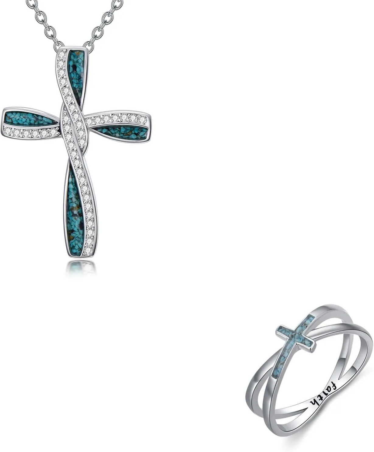 Turquoise Cross Necklace Rings for Women 925 Sterling Silver Cross Religious Christian Jewelry Faith Mothers Day Easter Gifts for Mom Wife