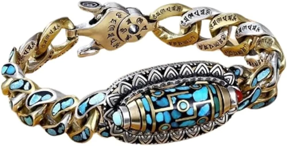 Turquoise Six-Character Mantra Nine-Eyed Dzi Bead Bracelet - Tibetan Style Transfer Rotating Nine Eyes Dzi Beads Meditation Amulet Good Luck Bangle