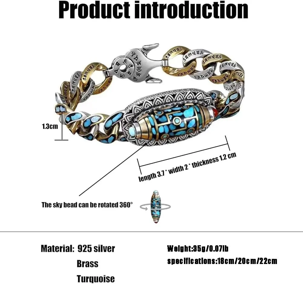 Turquoise Six-Character Mantra Nine-Eyed Dzi Bead Bracelet - Tibetan Style Transfer Rotating Nine Eyes Dzi Beads Meditation Amulet Good Luck Bangle