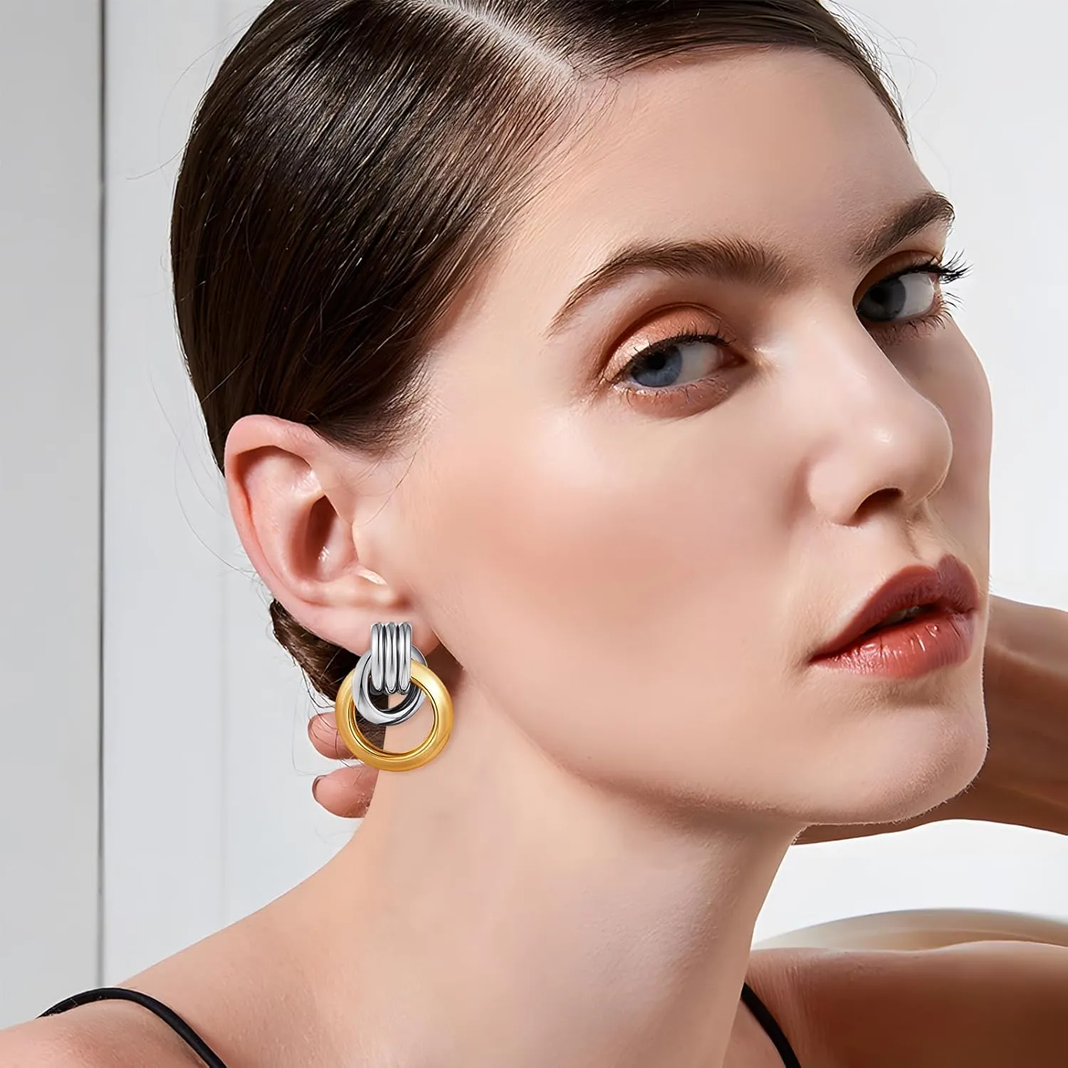 Two Tone Knot Studs Earrings Gold and Silver Door Knocker Earrings for Women Mixed Metal Geometric Earrings Lightweight Trendy Jewelry