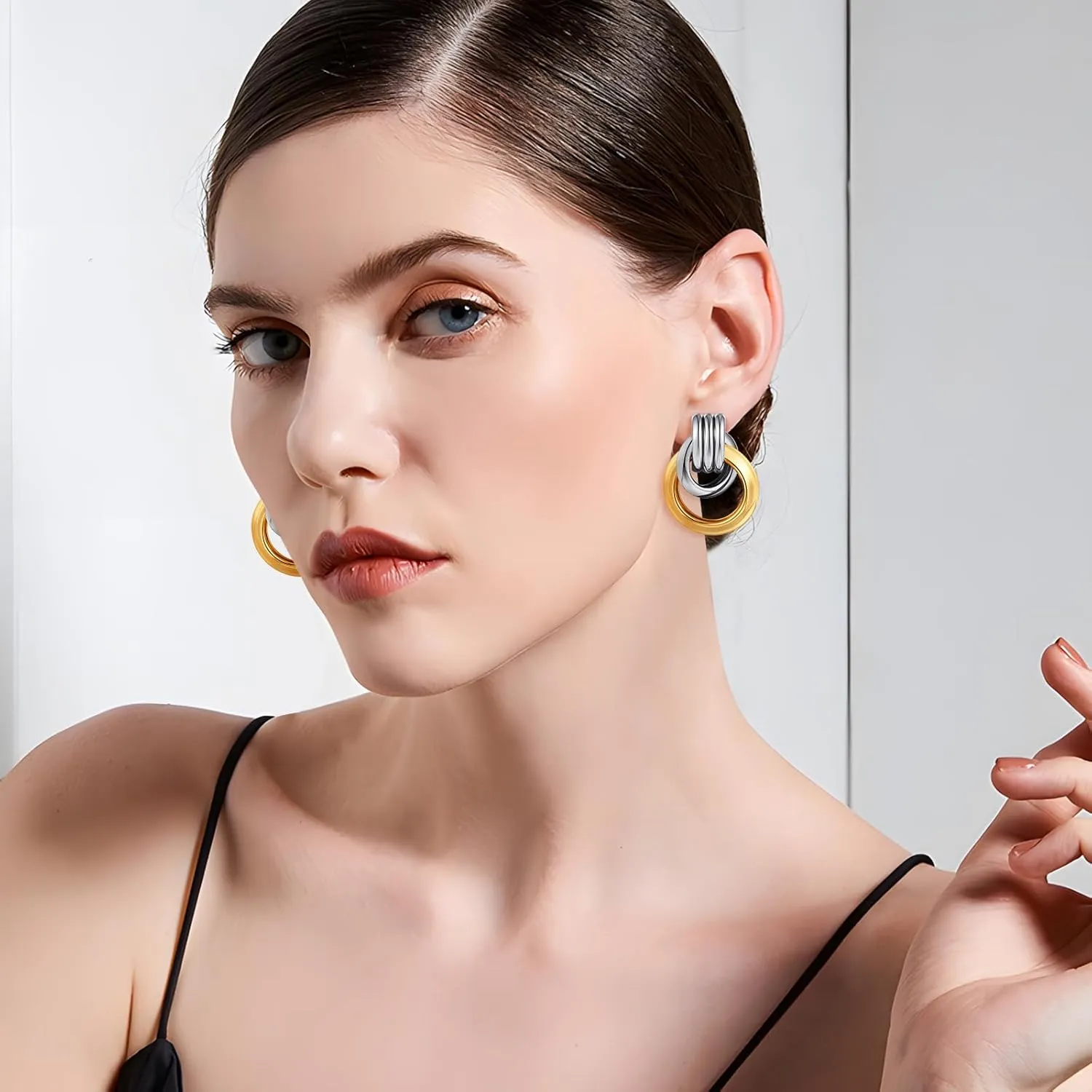 Two Tone Knot Studs Earrings Gold and Silver Door Knocker Earrings for Women Mixed Metal Geometric Earrings Lightweight Trendy Jewelry
