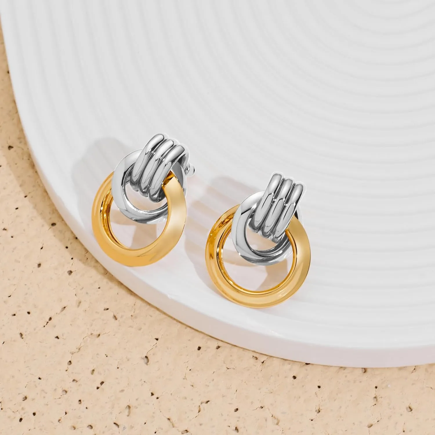 Two Tone Knot Studs Earrings Gold and Silver Door Knocker Earrings for Women Mixed Metal Geometric Earrings Lightweight Trendy Jewelry