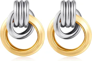 Two Tone Knot Studs Earrings Gold and Silver Door Knocker Earrings for Women Mixed Metal Geometric Earrings Lightweight Trendy Jewelry