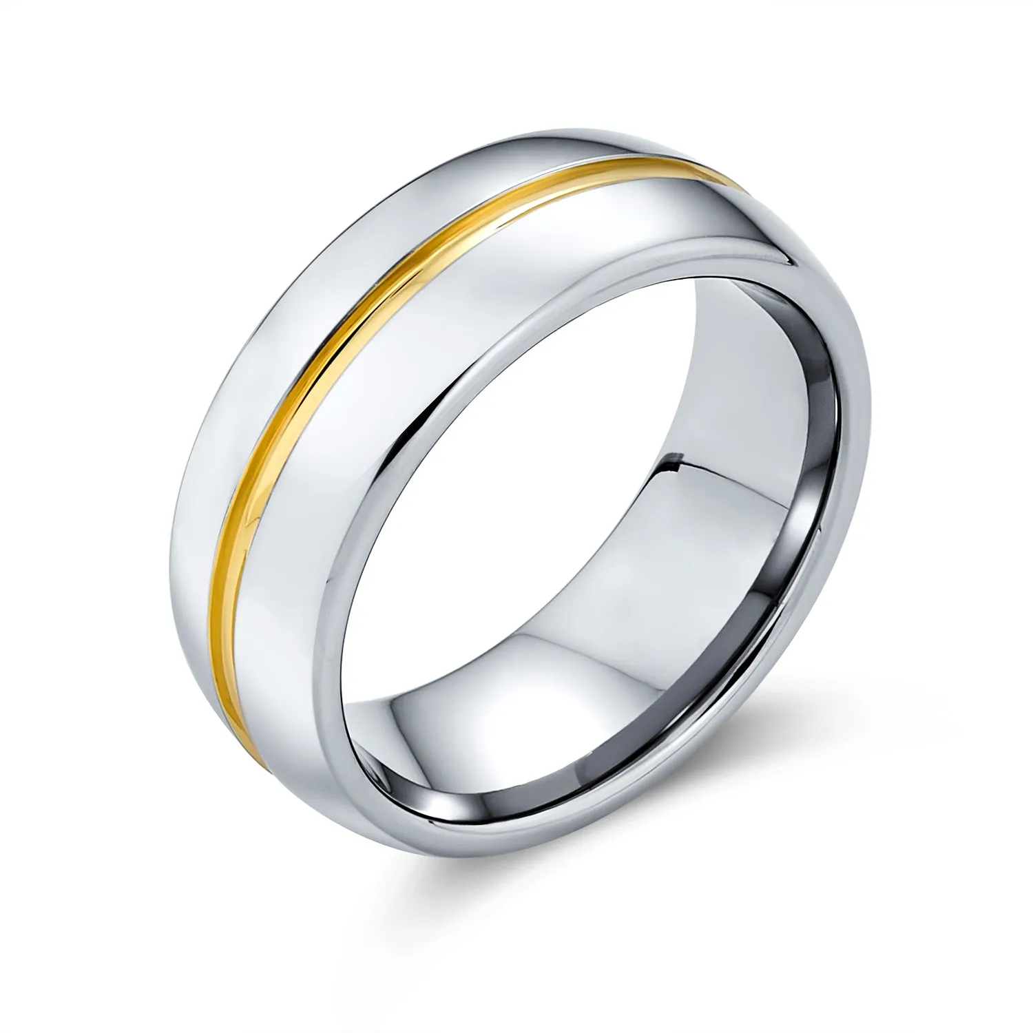 Two Tone Tungsten Wedding Band Ring with 14K Gold Plated Center Stripe for Men