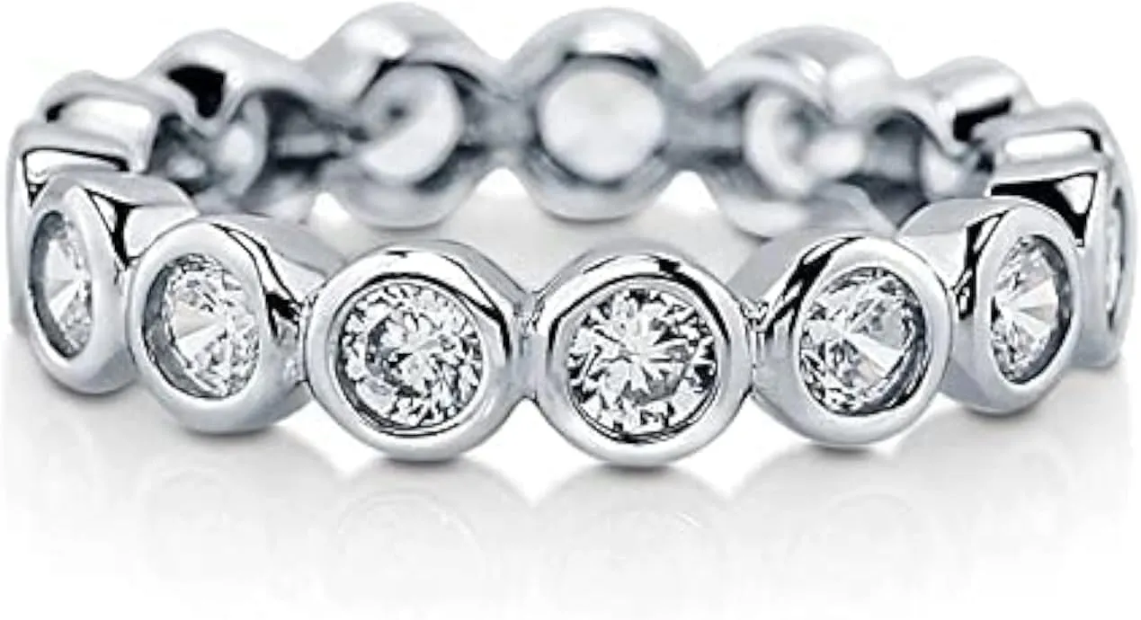 TwoBirch Platinum Plated Sterling Silver Bezel Set Round Cut Moissanite Eternity Ring (GRA CERTIFIED) (3 MM)
