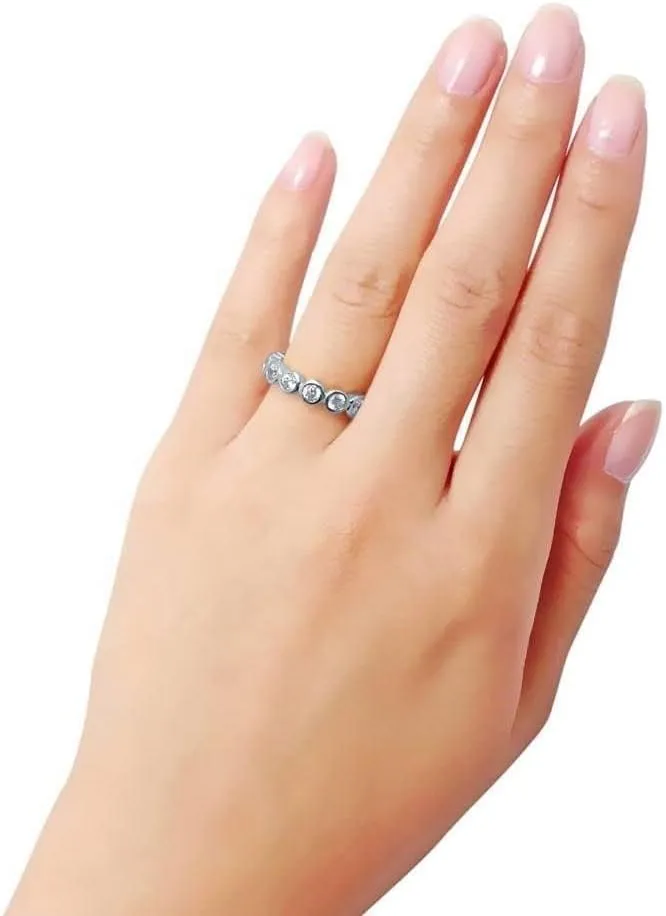 TwoBirch Platinum Plated Sterling Silver Bezel Set Round Cut Moissanite Eternity Ring (GRA CERTIFIED) (3 MM)