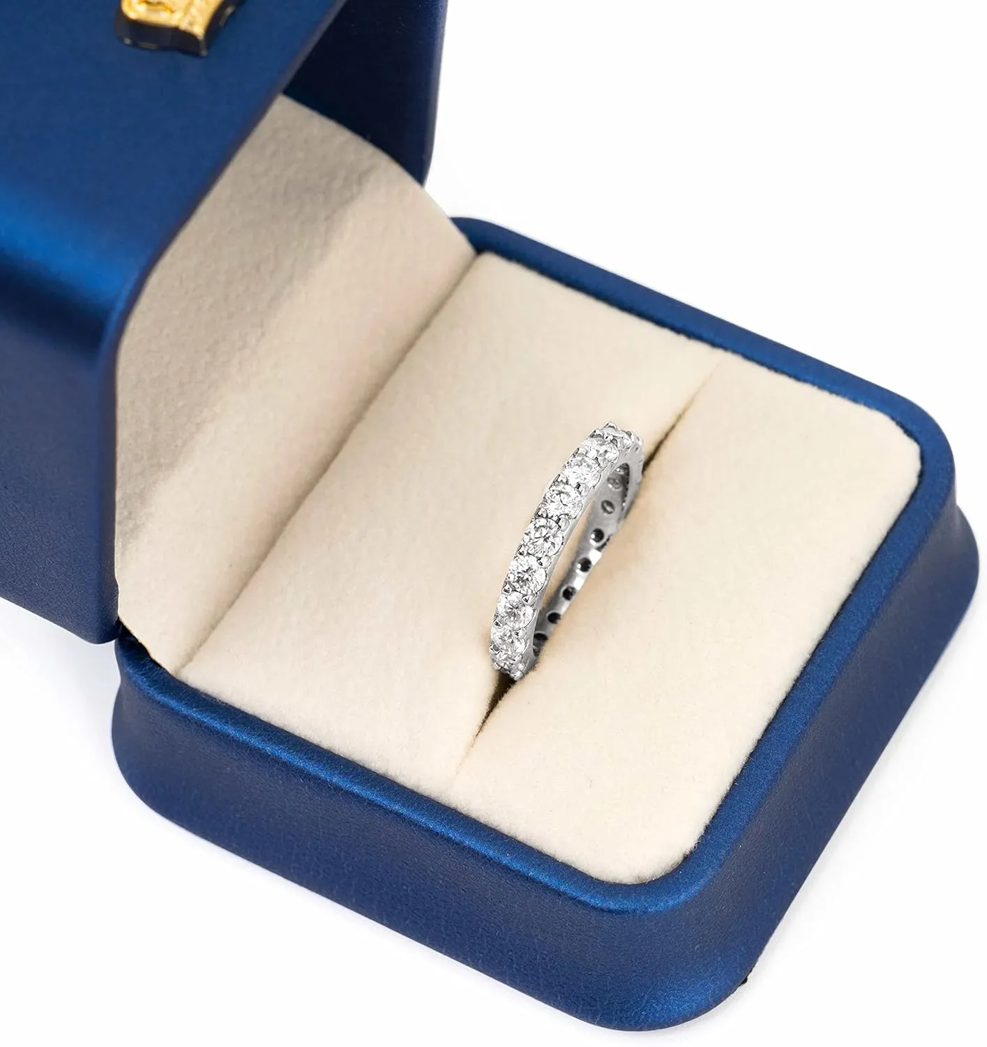 TwoBirch Platinum Plated Sterling Silver Double Shared Prong Round Cut Moissanite Eternity Ring (GRA CERTIFIED) (3 MM)