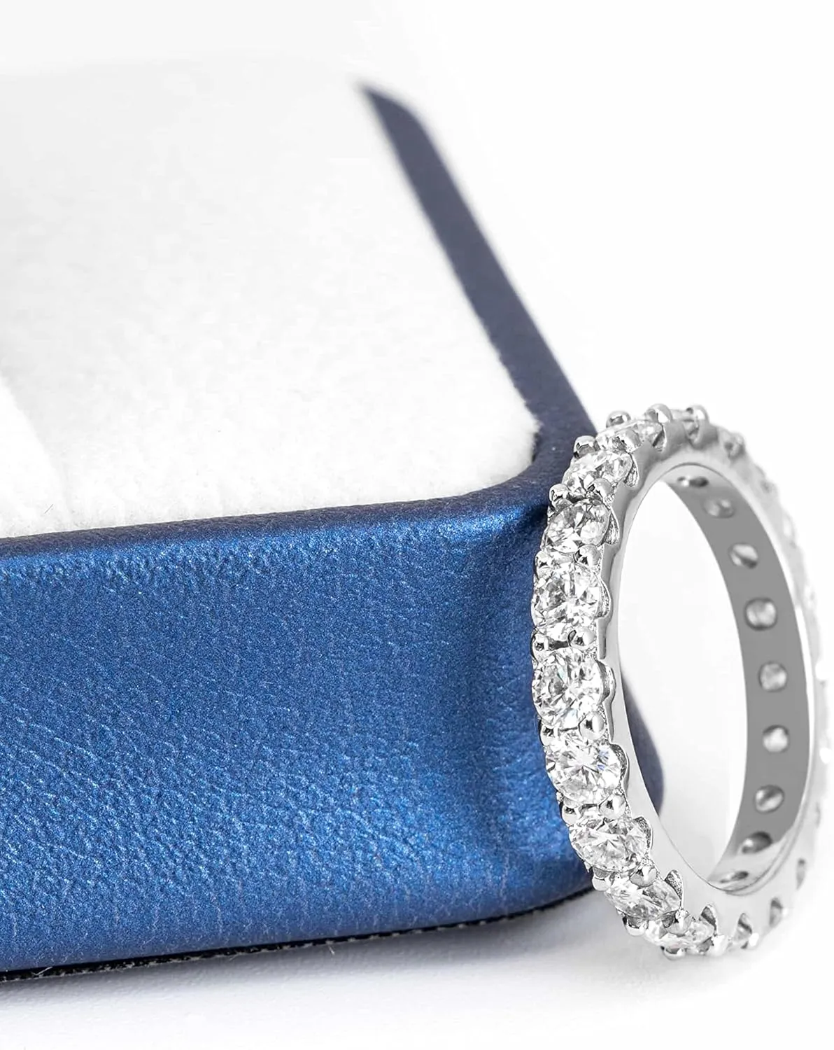 TwoBirch Platinum Plated Sterling Silver Double Shared Prong Round Cut Moissanite Eternity Ring (GRA CERTIFIED) (3 MM)