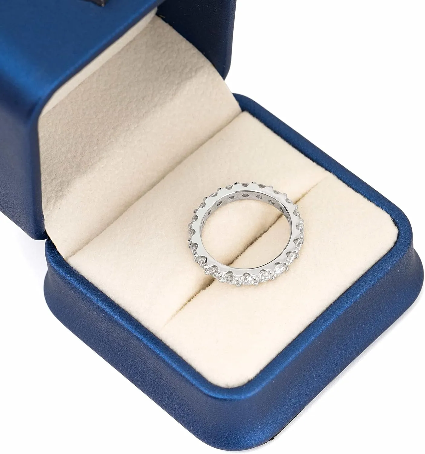 TwoBirch Platinum Plated Sterling Silver Double Shared Prong Round Cut Moissanite Eternity Ring (GRA CERTIFIED) (3 MM)