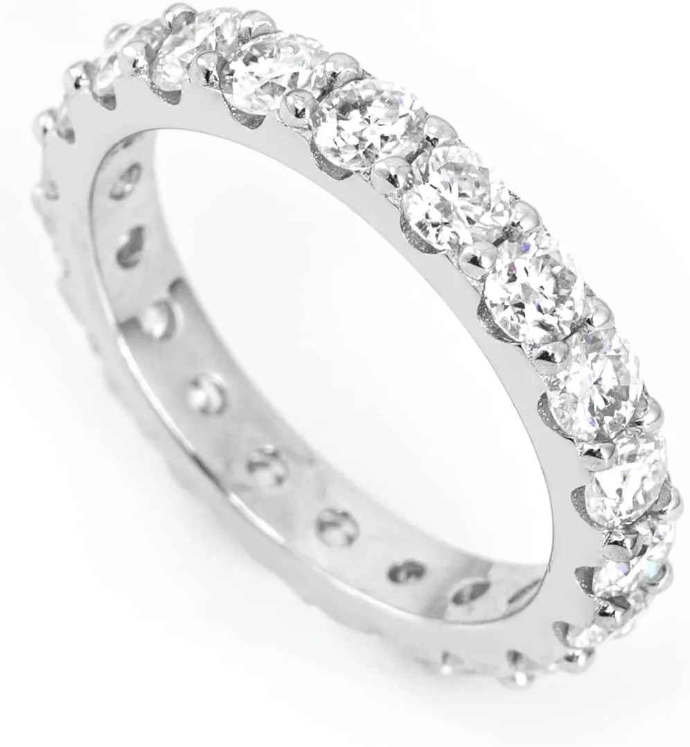 TwoBirch Platinum Plated Sterling Silver Double Shared Prong Round Cut Moissanite Eternity Ring (GRA CERTIFIED) (3 MM)