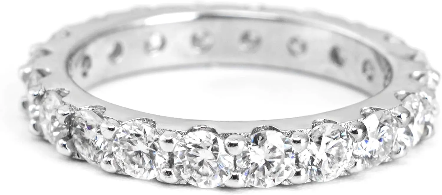 TwoBirch Platinum Plated Sterling Silver Double Shared Prong Round Cut Moissanite Eternity Ring (GRA CERTIFIED) (3 MM)