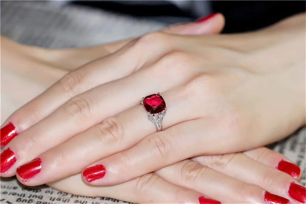 Uloveido Big Square Red Cubic Zirconia Cushion Cut Platinum Plated Solitaire Promise Ring Party Rings Women's Costume Jewelry Y146 (Choose your Size 6 7 8 9)
