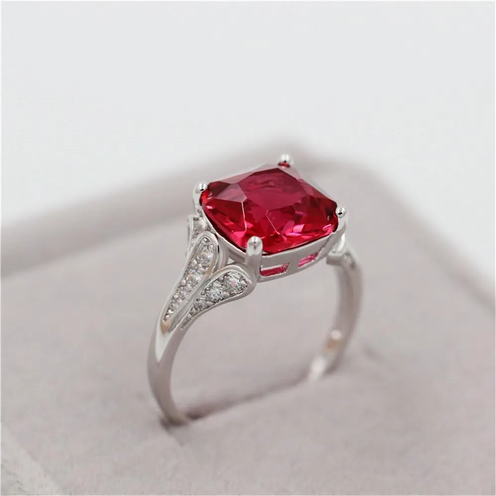 Uloveido Big Square Red Cubic Zirconia Cushion Cut Platinum Plated Solitaire Promise Ring Party Rings Women's Costume Jewelry Y146 (Choose your Size 6 7 8 9)