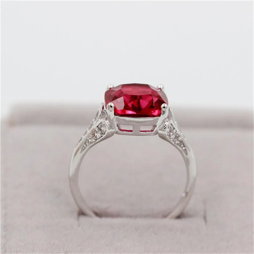 Uloveido Big Square Red Cubic Zirconia Cushion Cut Platinum Plated Solitaire Promise Ring Party Rings Women's Costume Jewelry Y146 (Choose your Size 6 7 8 9)