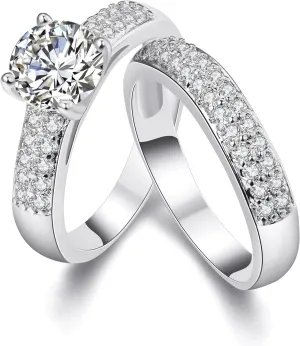 Uloveido Women's Gold and Platinum Plated AAA CZ Engagement Band Double Wedding Rings Set Fashion Bridal Rings Set for Women KR005