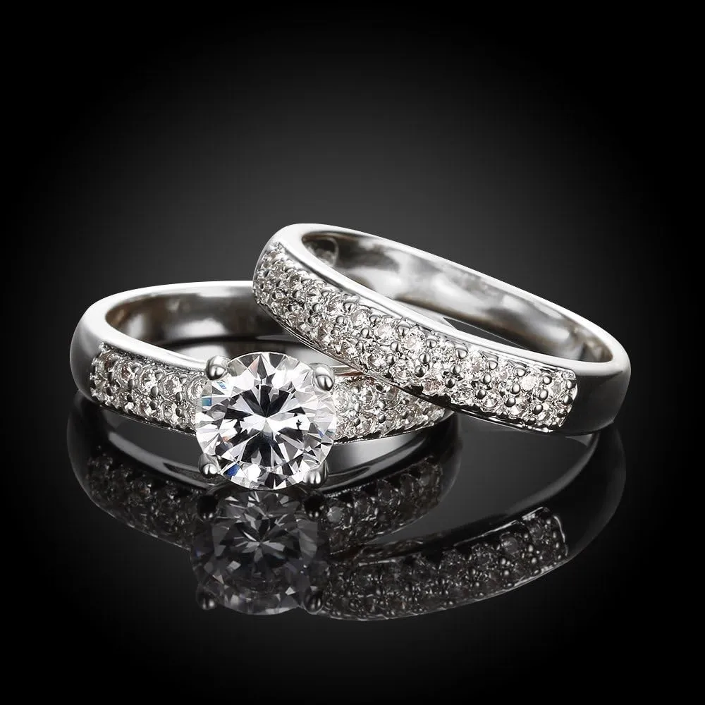 Uloveido Women's Gold and Platinum Plated AAA CZ Engagement Band Double Wedding Rings Set Fashion Bridal Rings Set for Women KR005