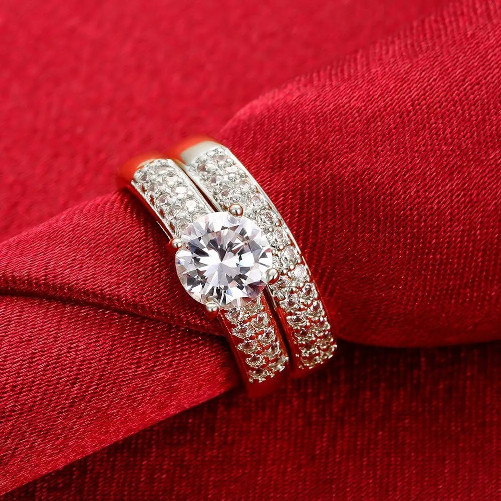 Uloveido Women's Gold and Platinum Plated AAA CZ Engagement Band Double Wedding Rings Set Fashion Bridal Rings Set for Women KR005