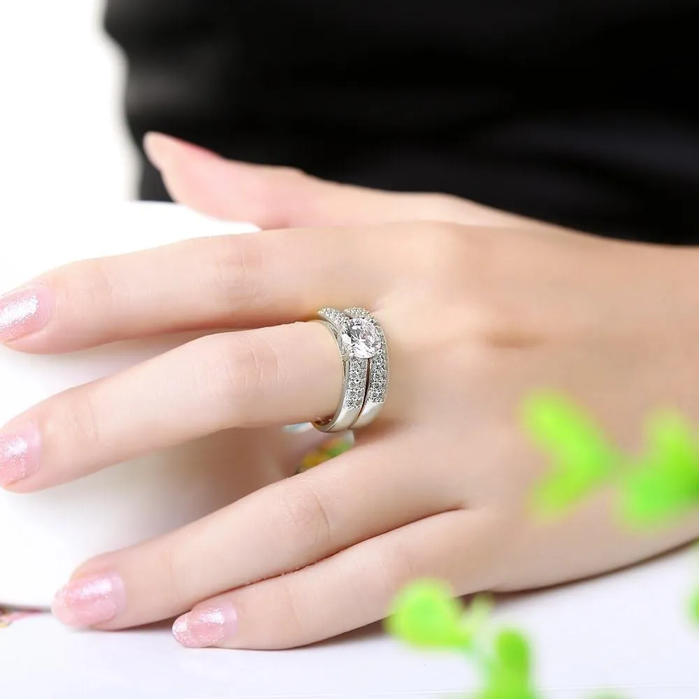 Uloveido Women's Gold and Platinum Plated AAA CZ Engagement Band Double Wedding Rings Set Fashion Bridal Rings Set for Women KR005