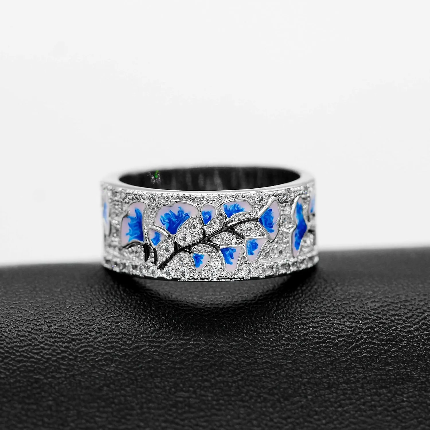 Uloveido Women's Platinum Plated Blue Drop Glazed Ginkgo Leaf Autumn Ring with Round Brilliant CZ Y538
