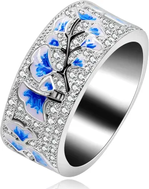 Uloveido Women's Platinum Plated Blue Drop Glazed Ginkgo Leaf Autumn Ring with Round Brilliant CZ Y538