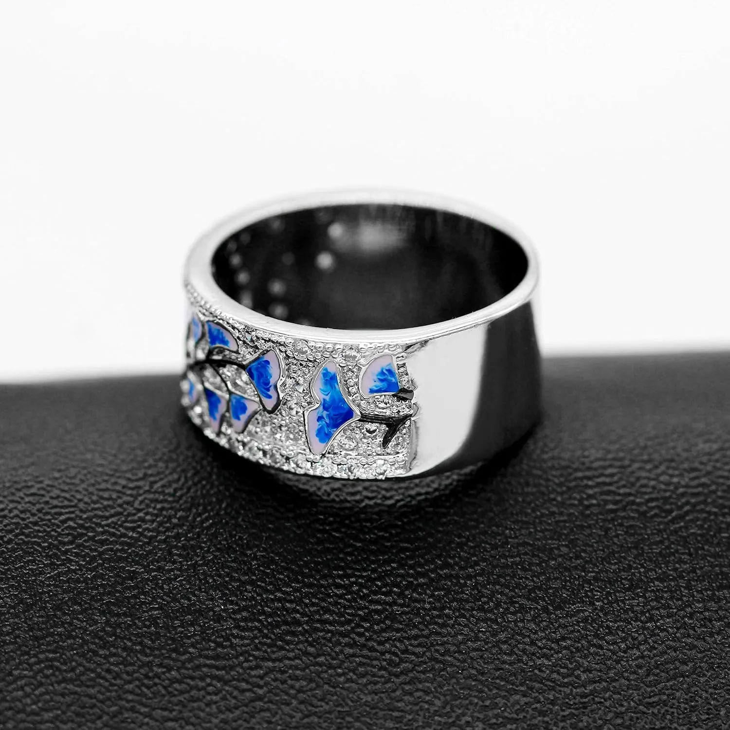 Uloveido Women's Platinum Plated Blue Drop Glazed Ginkgo Leaf Autumn Ring with Round Brilliant CZ Y538