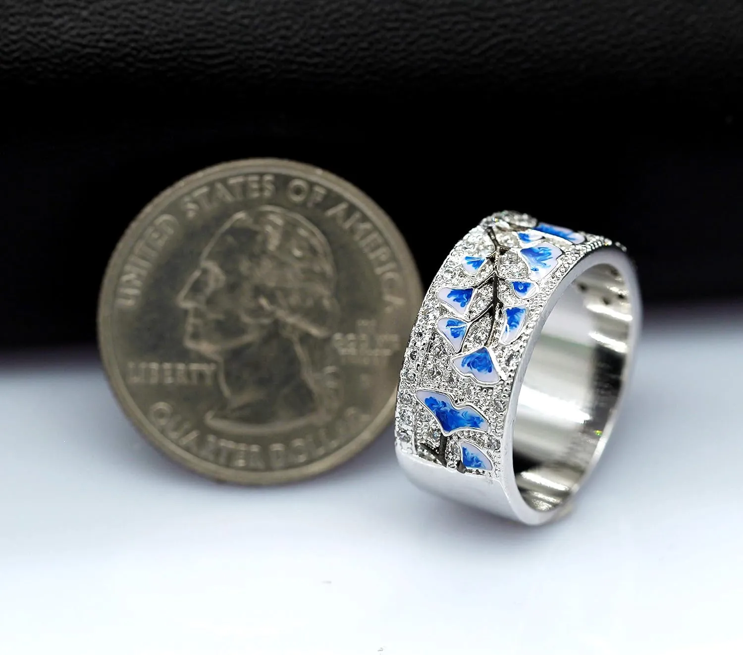 Uloveido Women's Platinum Plated Blue Drop Glazed Ginkgo Leaf Autumn Ring with Round Brilliant CZ Y538