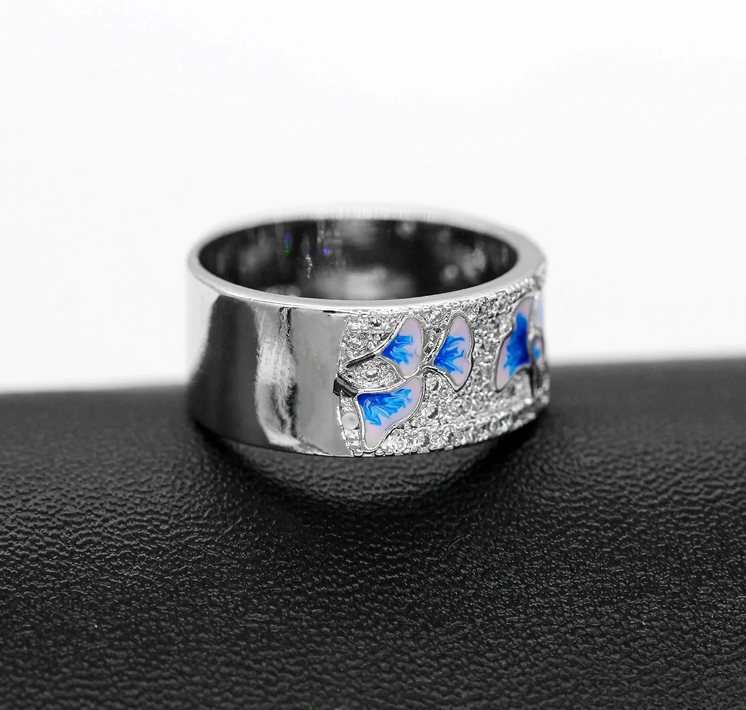 Uloveido Women's Platinum Plated Blue Drop Glazed Ginkgo Leaf Autumn Ring with Round Brilliant CZ Y538
