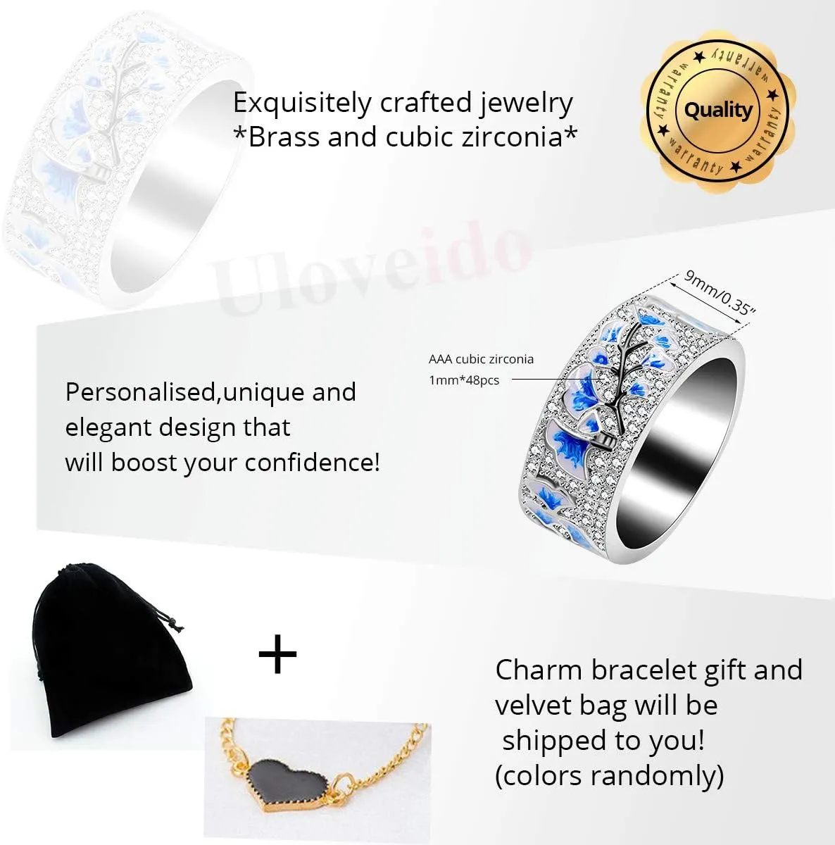 Uloveido Women's Platinum Plated Blue Drop Glazed Ginkgo Leaf Autumn Ring with Round Brilliant CZ Y538