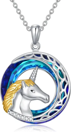 Unicorn Necklace with Circle Crystal, 925 Sterling Silver Crystal Pendant Jewelry Gifts for Women Girls Daughter 18 2
