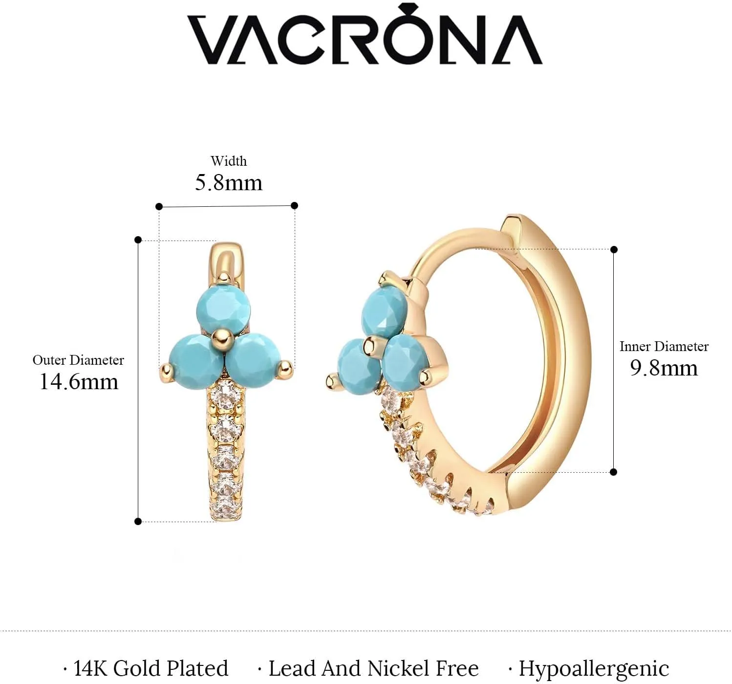 VACRONA Huggie Earrings for Women 18k Gold Plated Turquoise Huggie Hoop Earrings Cute Earrings Gifts for Her
