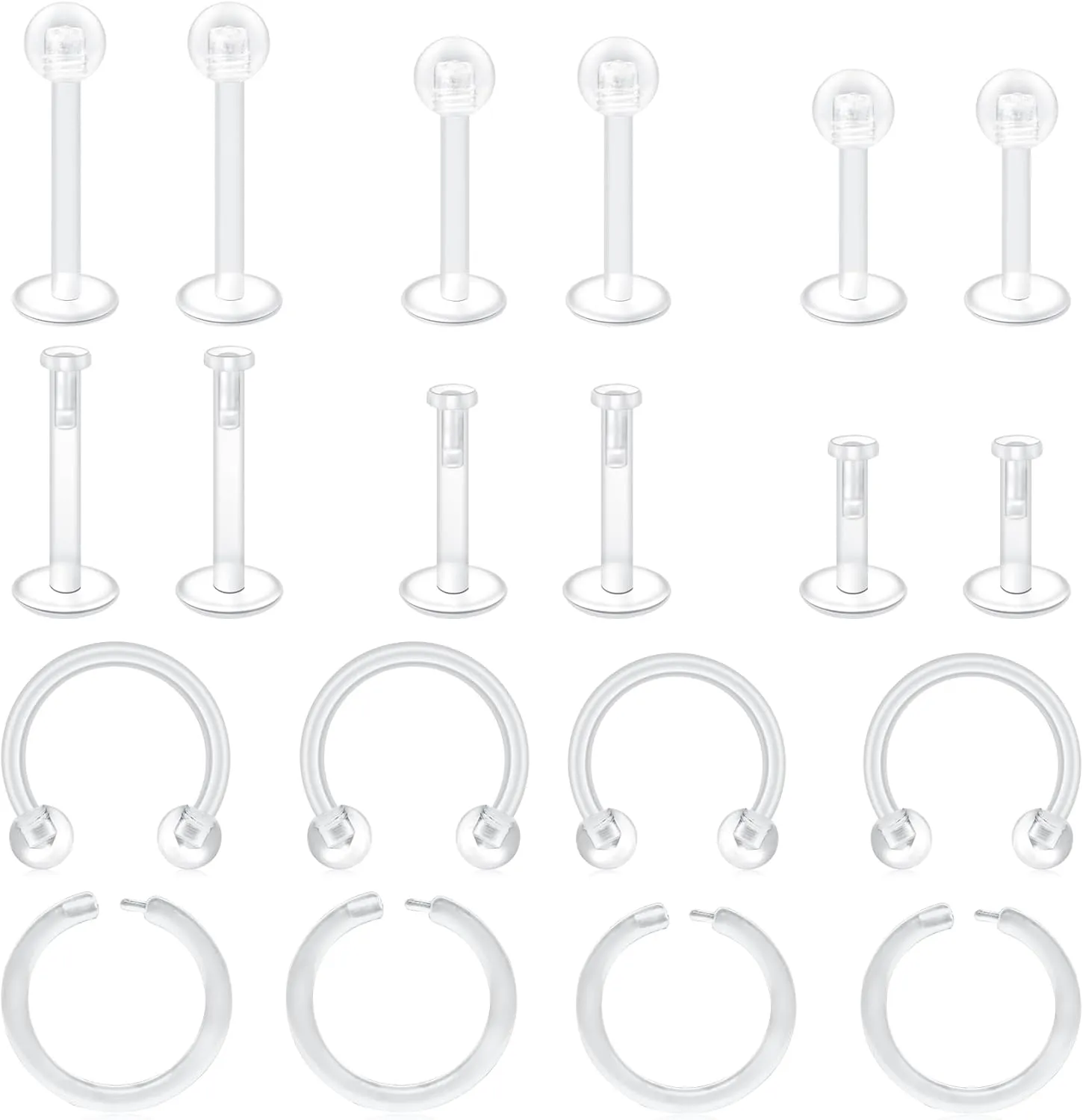VCMART Clear Earrings for Sports Work Surgery Mix Set Plastic Clear Piercing Retainer Clear Cartilage Helix Tragus Conch Daith Ear Lobe Eyebrow Septum Nose Lip Labret Monroe Piercing Retainer 16g 20g