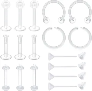 VCMART Clear Earrings for Sports Work Surgery Mix Set Plastic Clear Piercing Retainer Clear Cartilage Helix Tragus Conch Daith Ear Lobe Eyebrow Septum Nose Lip Labret Monroe Piercing Retainer 16g 20g