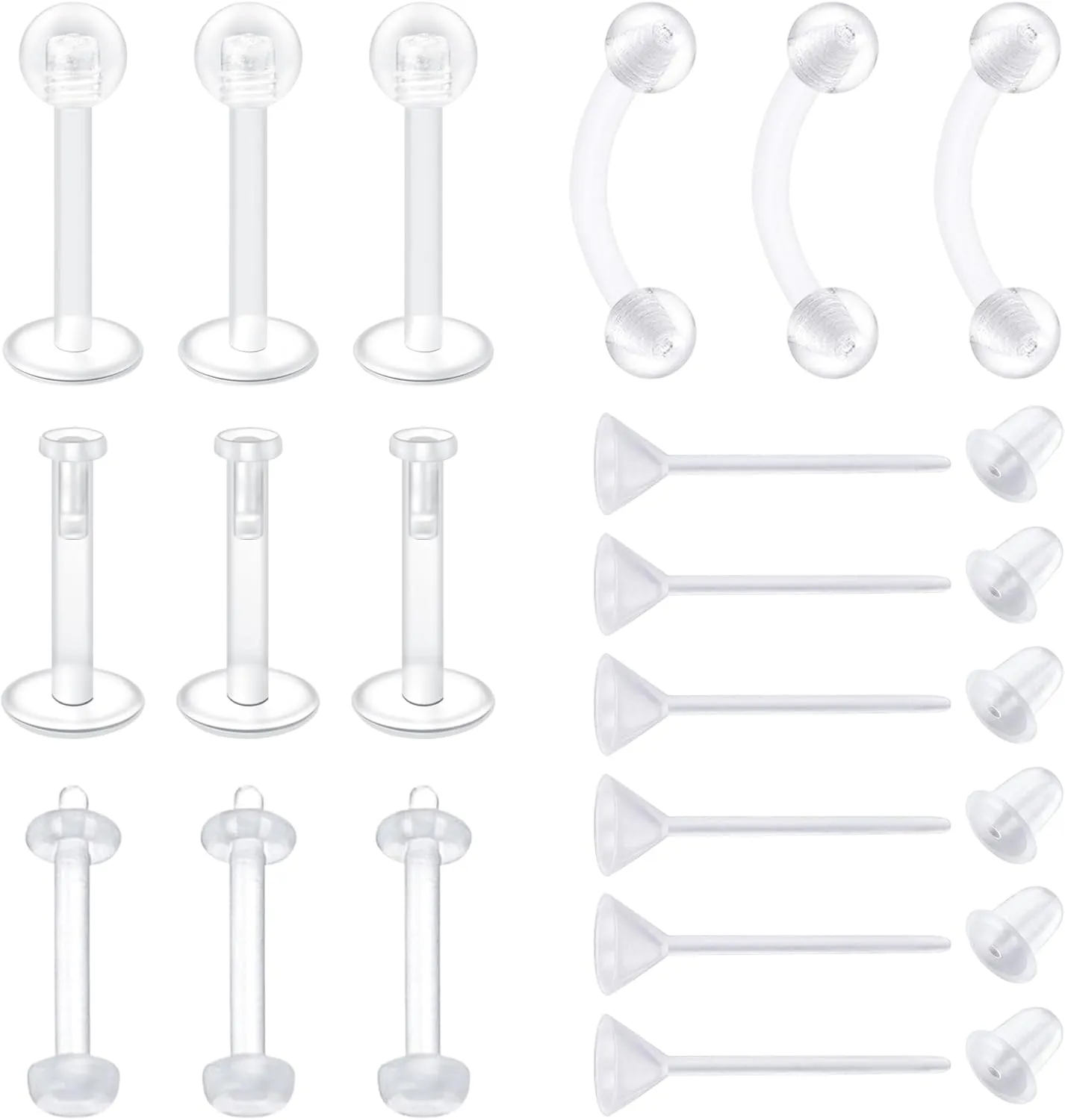 VCMART Clear Earrings for Sports Work Surgery Mix Set Plastic Clear Piercing Retainer Clear Cartilage Helix Tragus Conch Daith Ear Lobe Eyebrow Septum Nose Lip Labret Monroe Piercing Retainer 16g 20g