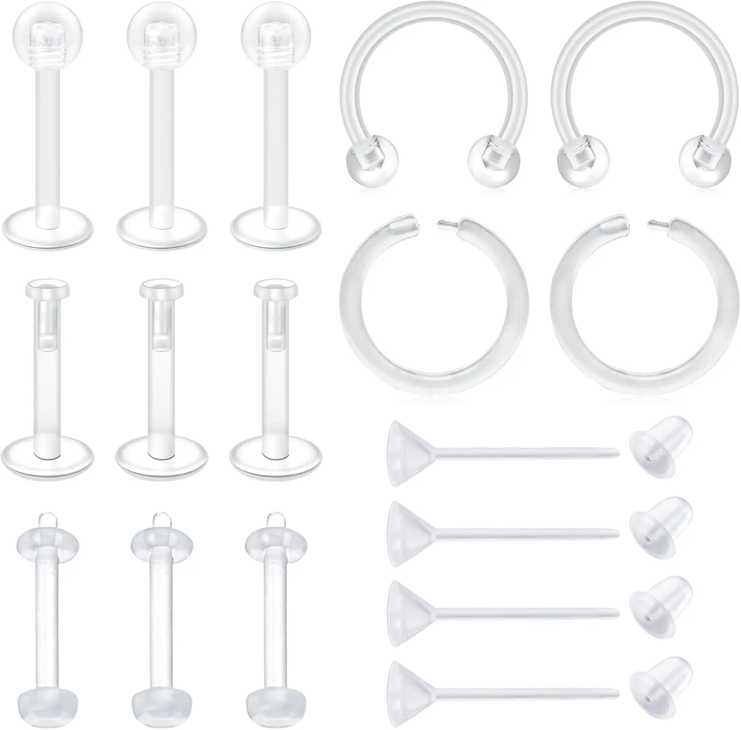VCMART Clear Earrings for Sports Work Surgery Mix Set Plastic Clear Piercing Retainer Clear Cartilage Helix Tragus Conch Daith Ear Lobe Eyebrow Septum Nose Lip Labret Monroe Piercing Retainer 16g 20g