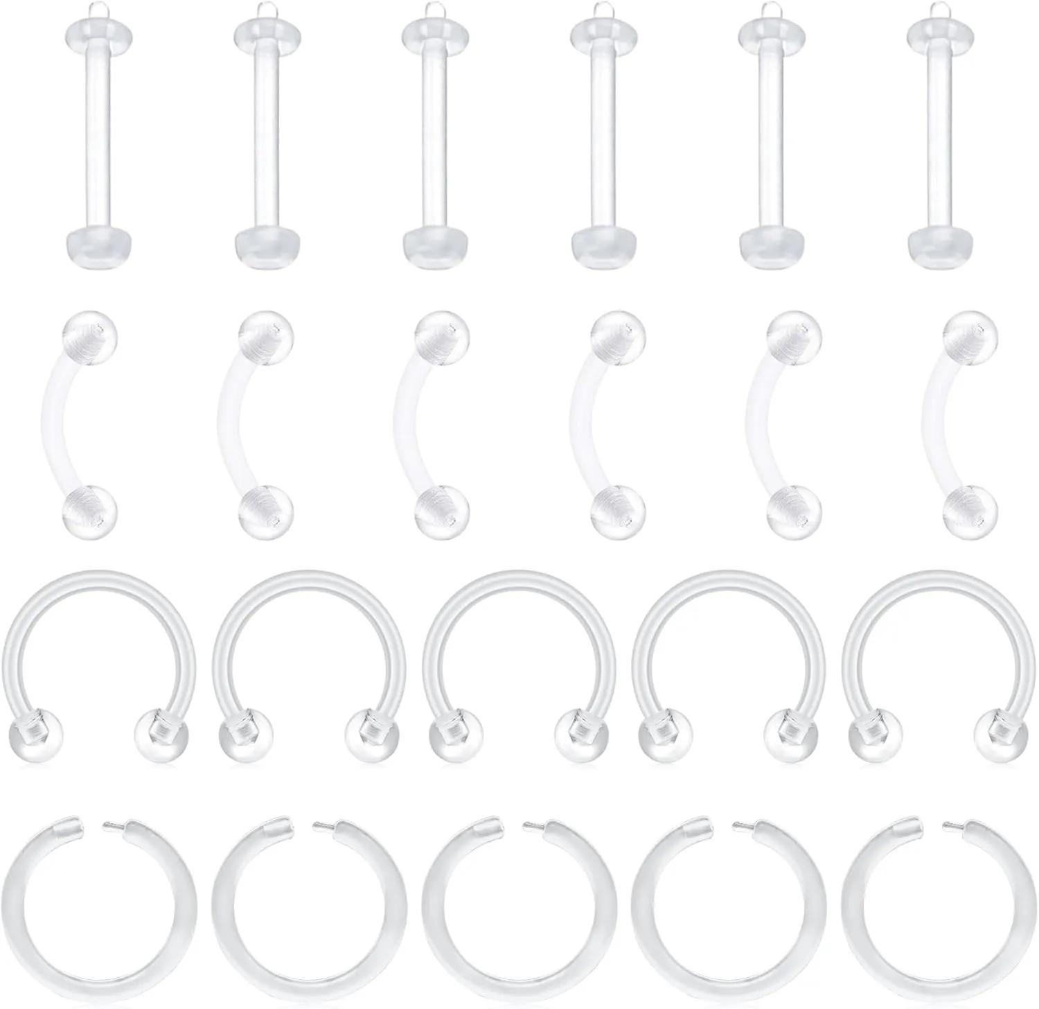 VCMART Clear Earrings for Sports Work Surgery Mix Set Plastic Clear Piercing Retainer Clear Cartilage Helix Tragus Conch Daith Ear Lobe Eyebrow Septum Nose Lip Labret Monroe Piercing Retainer 16g 20g
