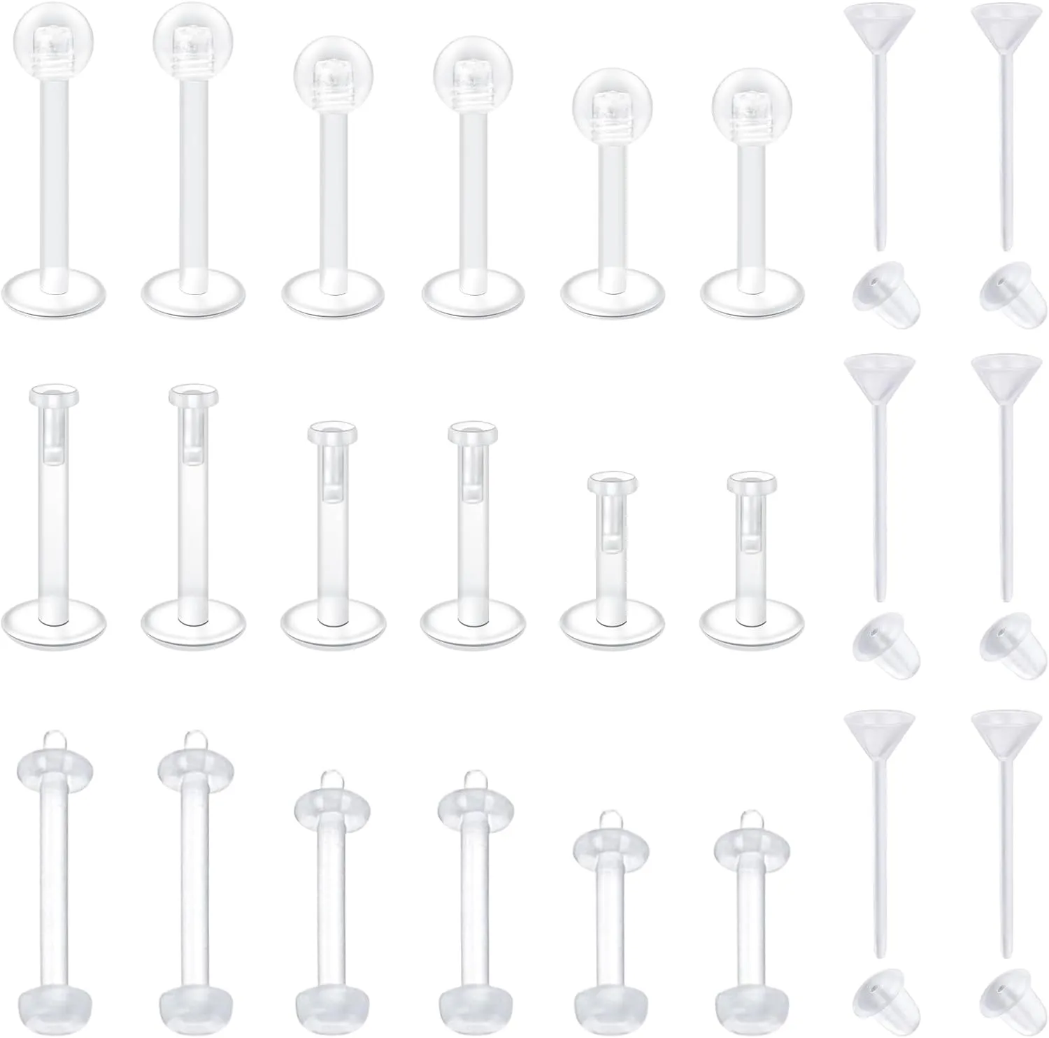 VCMART Clear Earrings for Sports Work Surgery Mix Set Plastic Clear Piercing Retainer Clear Cartilage Helix Tragus Conch Daith Ear Lobe Eyebrow Septum Nose Lip Labret Monroe Piercing Retainer 16g 20g