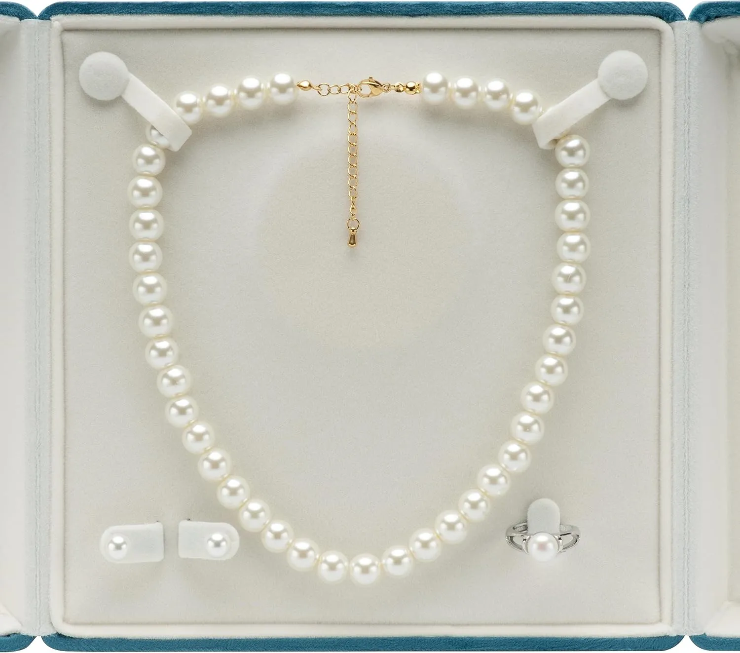 Velvet Big Pearl Necklace and Ring Earring Pendant Gift Box Jewelry Storage Case (Blue)