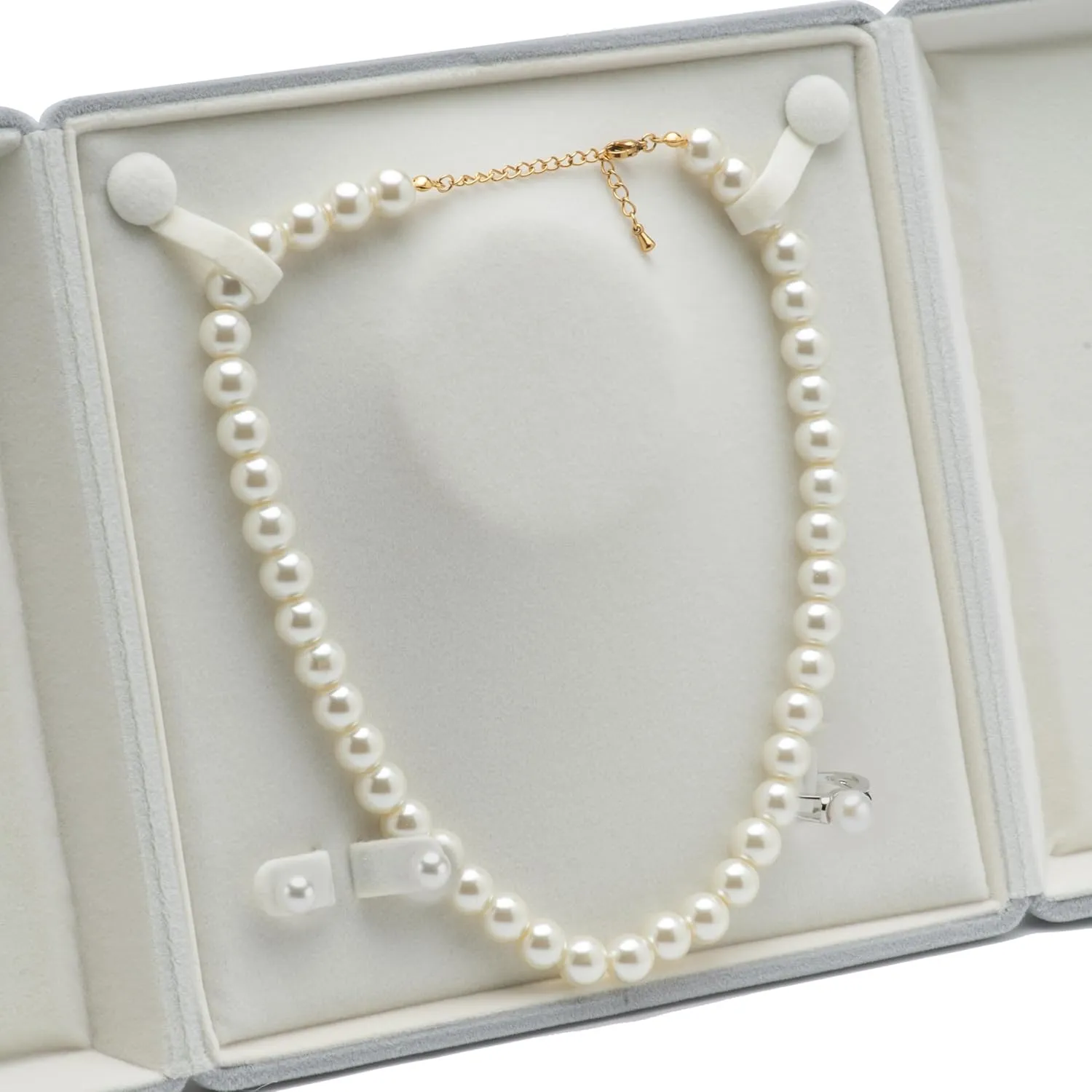 Velvet Big Pearl Necklace and Ring Earring Pendant Gift Box Jewelry Storage Case (Grey)