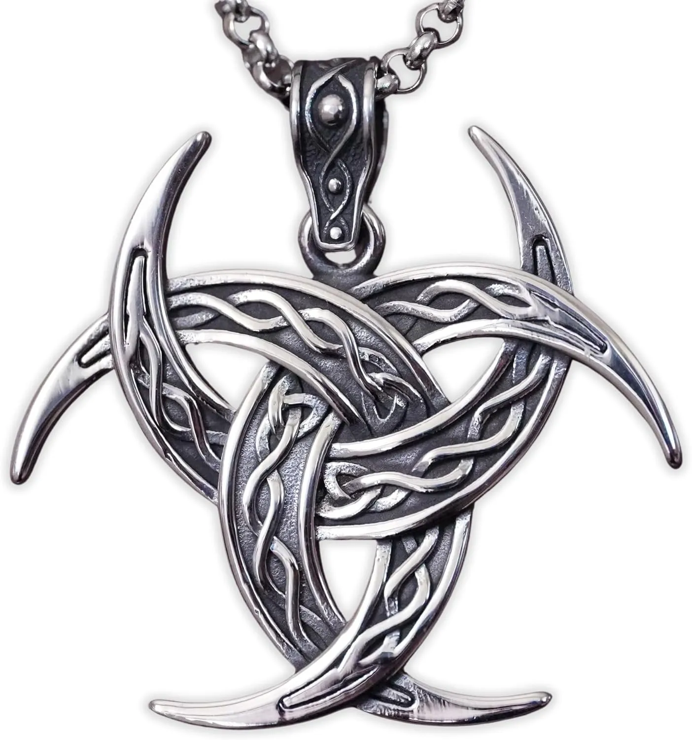 Viking Skaldenmet Odin Triple Horn Necklace - Viking Men Pendant - Comes With 22 Inch Long Chain - Viking Celtic Trinity Knotwork - Crescent Moon - Men Gifts Jewelry