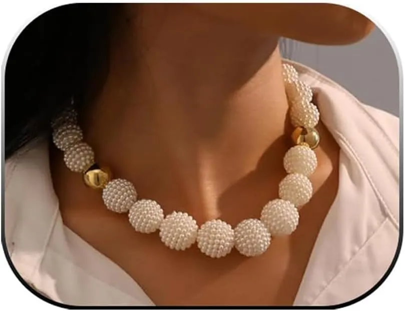 Vintage Irregular Necklace Chunky Curved Tube with Beaded Necklace Baroque Handmade Pearl Necklace 14k Gold Filled Handmade Elegant Necklace African Wedding Jewelry for Women