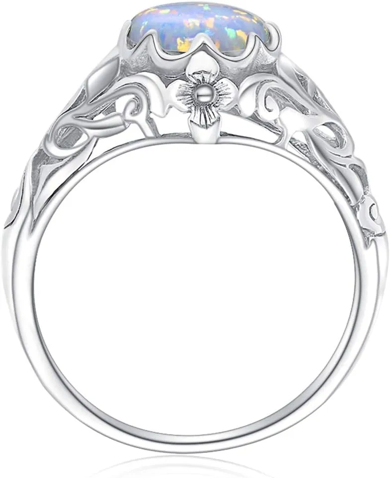 Vintage Real Silver Opal Rings for Women 2ct Round Shape Art Deco Ring Silver Jewelry Winter Lady Mom Gift Christmas